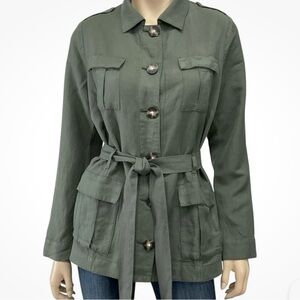 J Jill Jacket Women's Petite Green Blazer Utility Military Linen Blend
